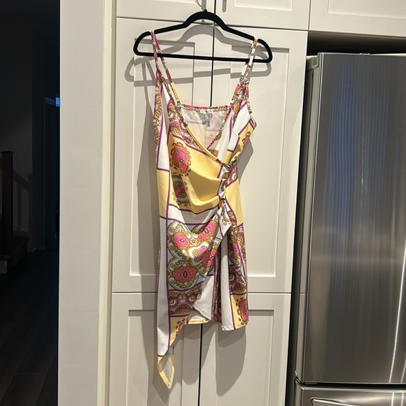VENUS Funky Pink and Yellow Faux Wrap Asymmetrical Mini Print Sundress Size M - Picture 9 of 15